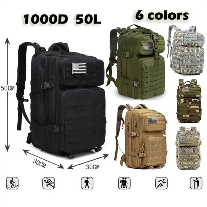 30l/50l waterproof nylon hiking backpack - military rucksack for camping, fishing, and hunting