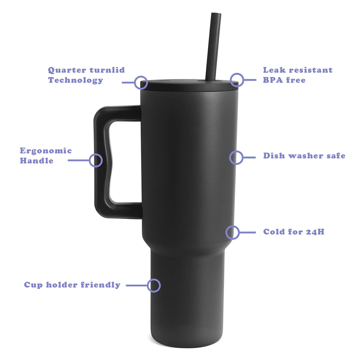 CLINK - [Personalised] 1.2L Stainless Steel Tumbler with Handle Straw & Lid - Midnight Black Color