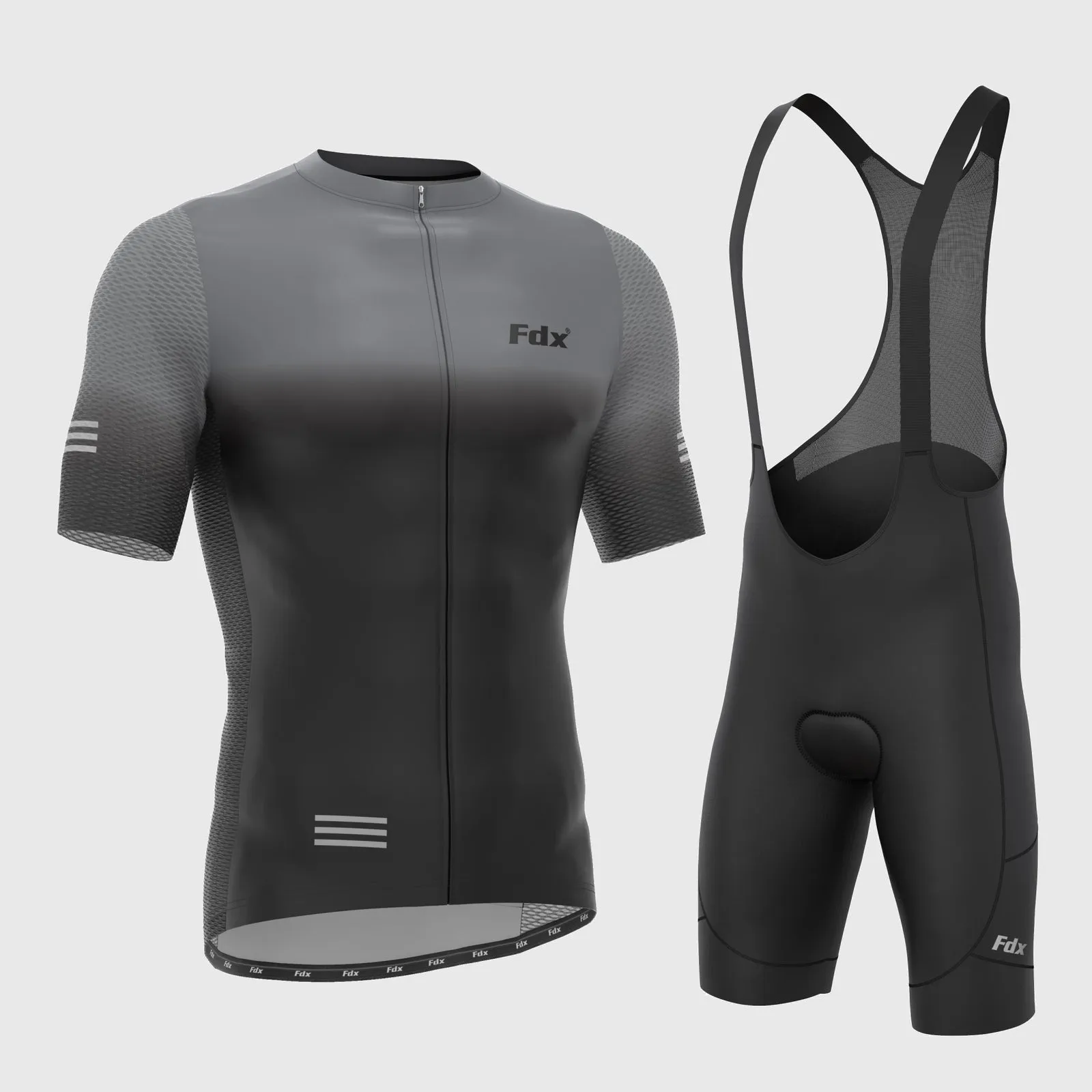 Fdx Men's & Boy's Set Duo Grey / Black Short Sleeve Summer Cycling Jersey & Cargo Bib Shorts