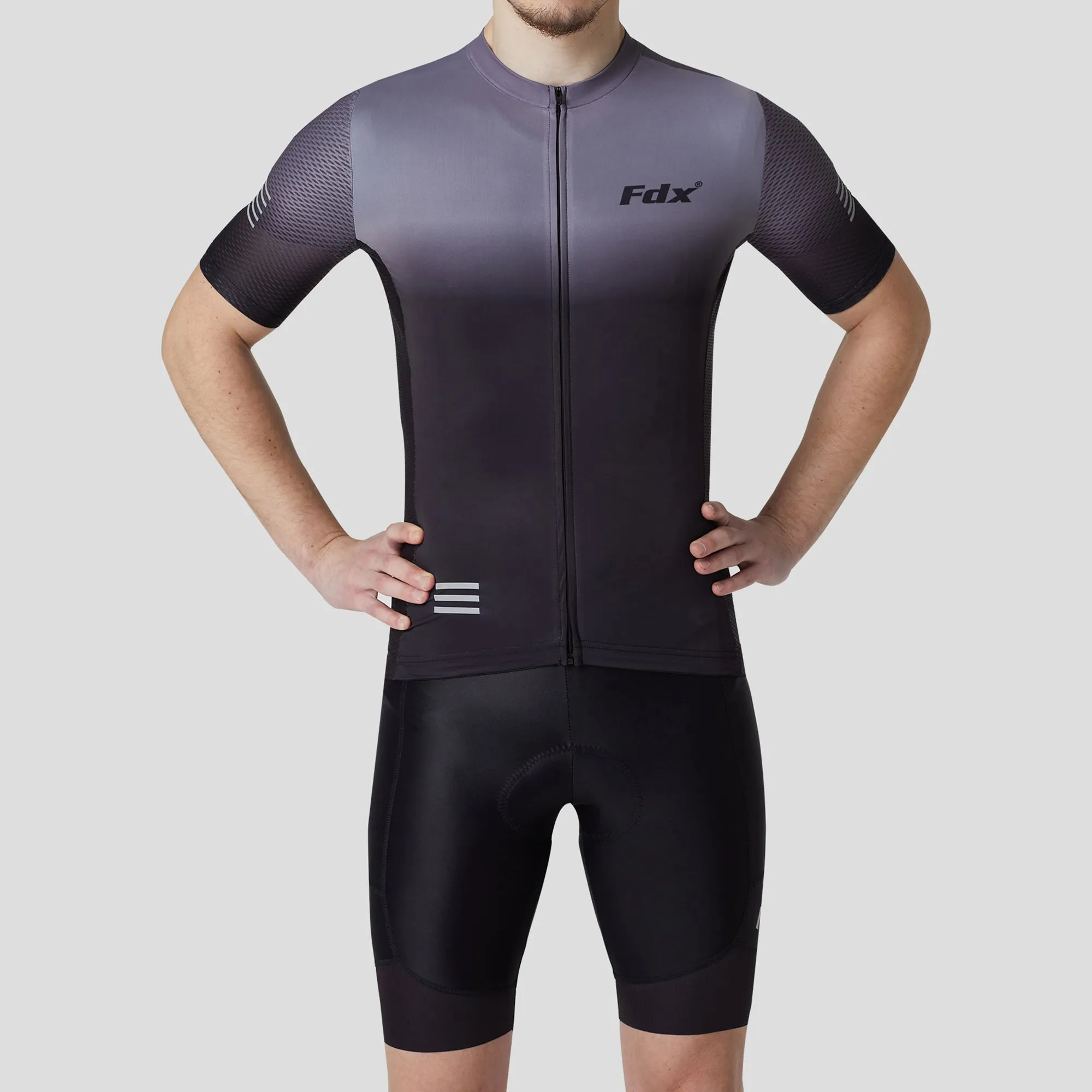 Fdx Men's & Boy's Set Duo Grey / Black Short Sleeve Summer Cycling Jersey & Cargo Bib Shorts