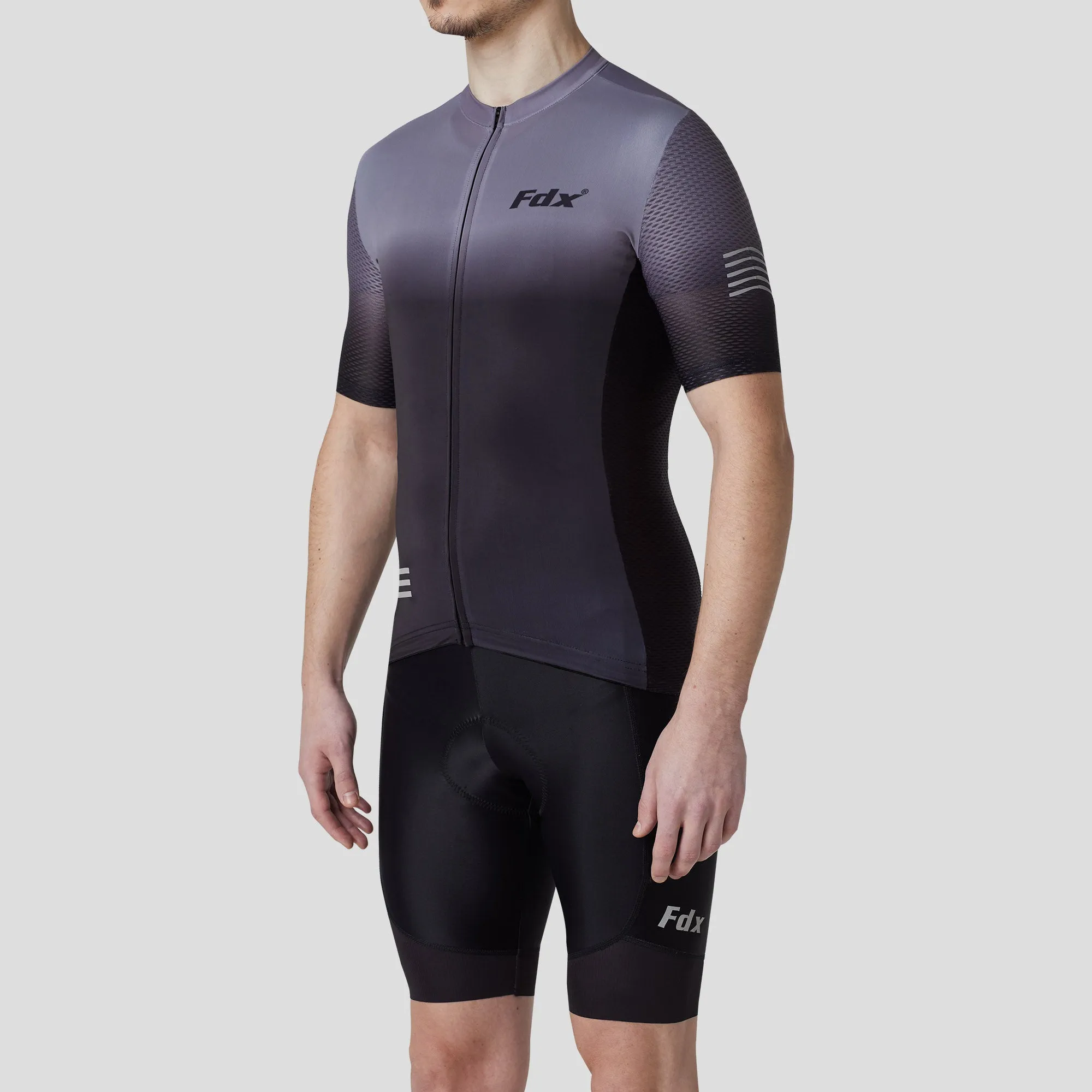 Fdx Men's & Boy's Set Duo Grey / Black Short Sleeve Summer Cycling Jersey & Cargo Bib Shorts