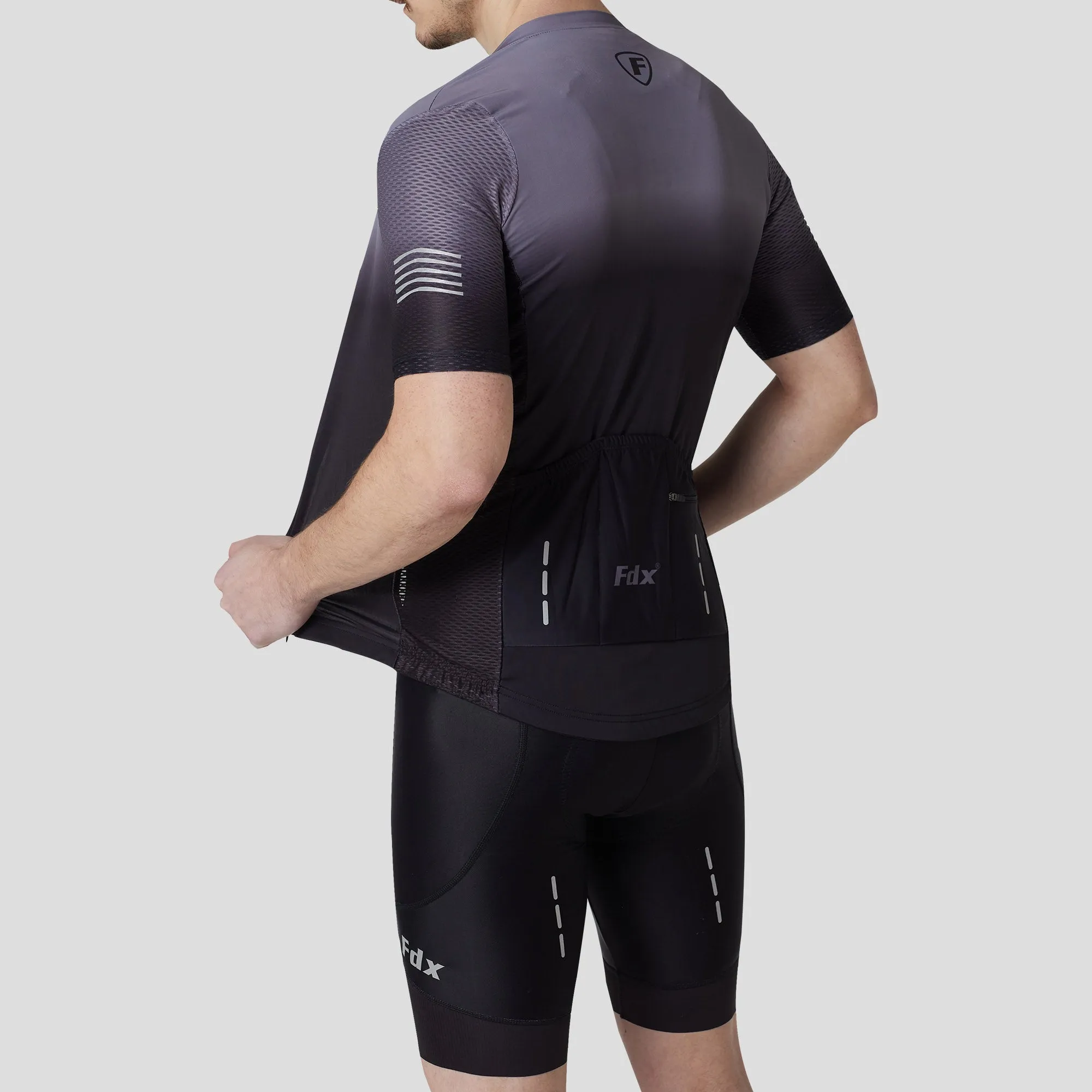 Fdx Men's & Boy's Set Duo Grey / Black Short Sleeve Summer Cycling Jersey & Cargo Bib Shorts