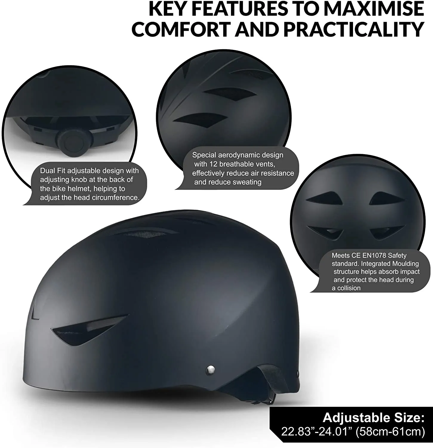Lightweight Skateboard Kids and Adults for Rollerskate, BMX, Scooter Bike Cycle Helmet Skateboarding Rollerskating Safety Helmet 2023 Model, 58-61cm Matte Black