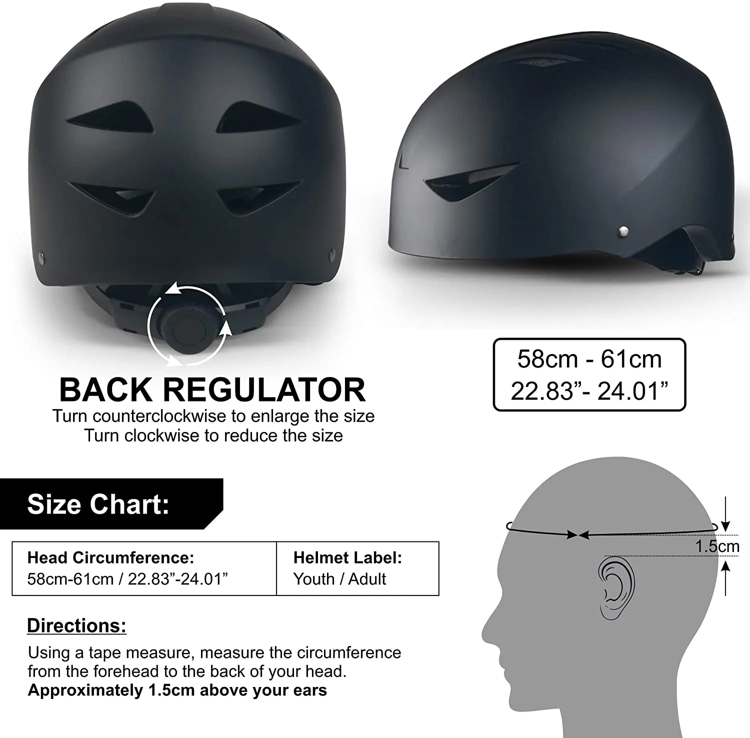 Lightweight Skateboard Kids and Adults for Rollerskate, BMX, Scooter Bike Cycle Helmet Skateboarding Rollerskating Safety Helmet 2023 Model, 58-61cm Matte Black
