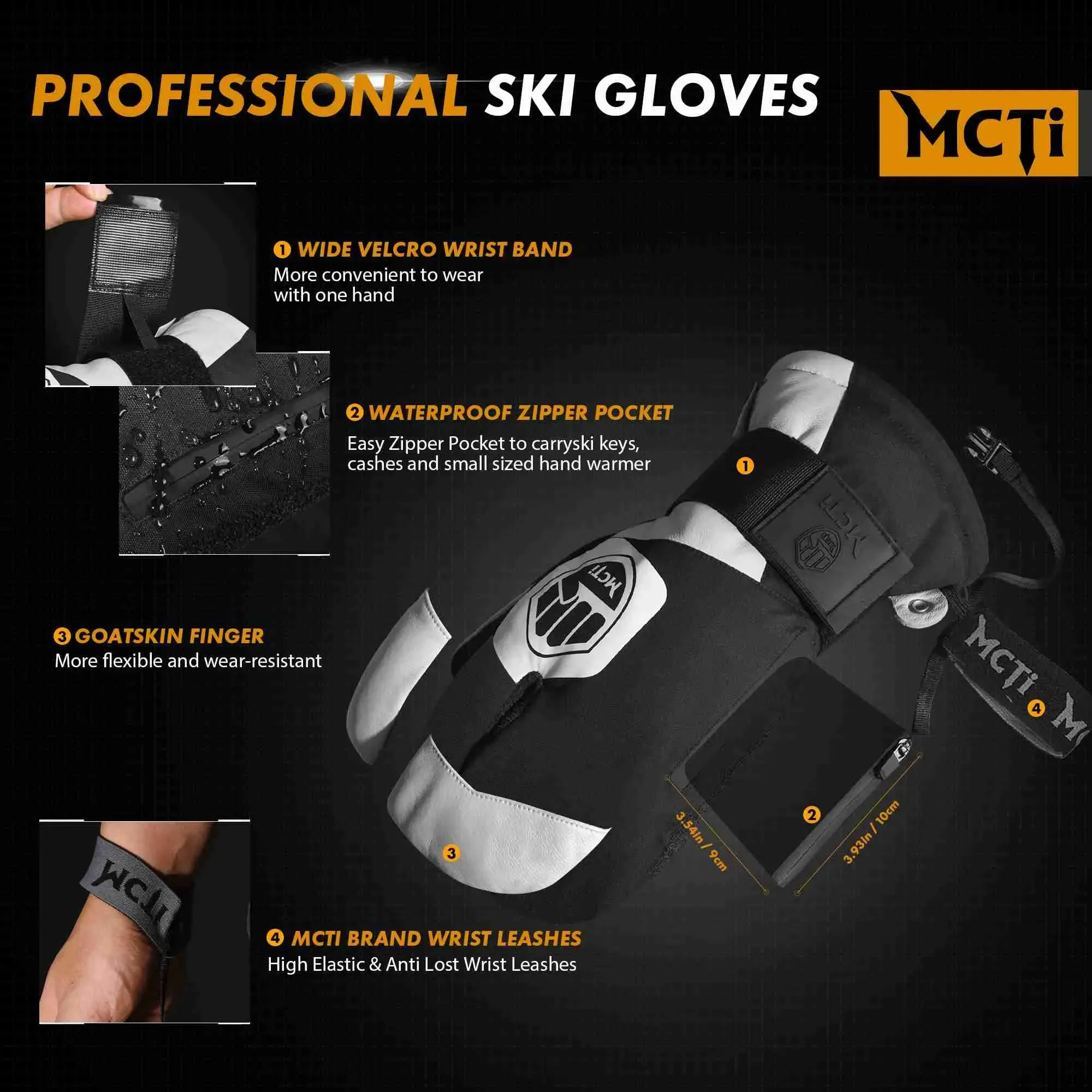 MCTi Snowboard Gloves with Wrist Guard 3-Finger Abrasion Resistant Gloves Waterproof for Winter Snow Skiing