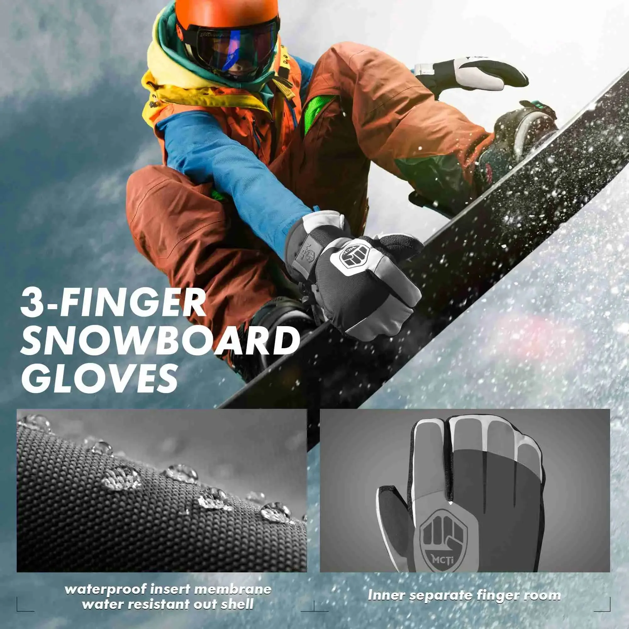MCTi Snowboard Gloves with Wrist Guard 3-Finger Abrasion Resistant Gloves Waterproof for Winter Snow Skiing