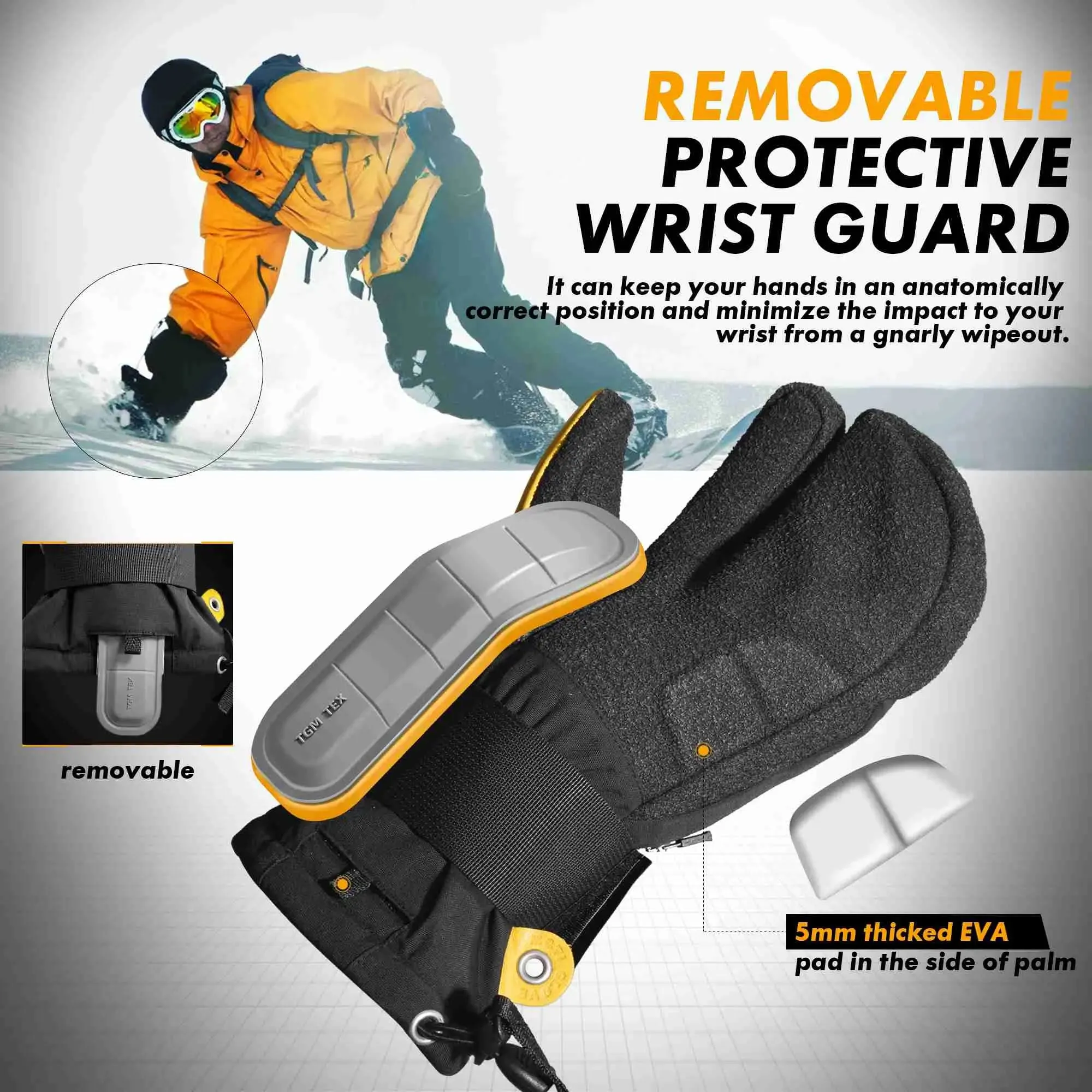 MCTi Snowboard Gloves with Wrist Guard 3-Finger Abrasion Resistant Gloves Waterproof for Winter Snow Skiing