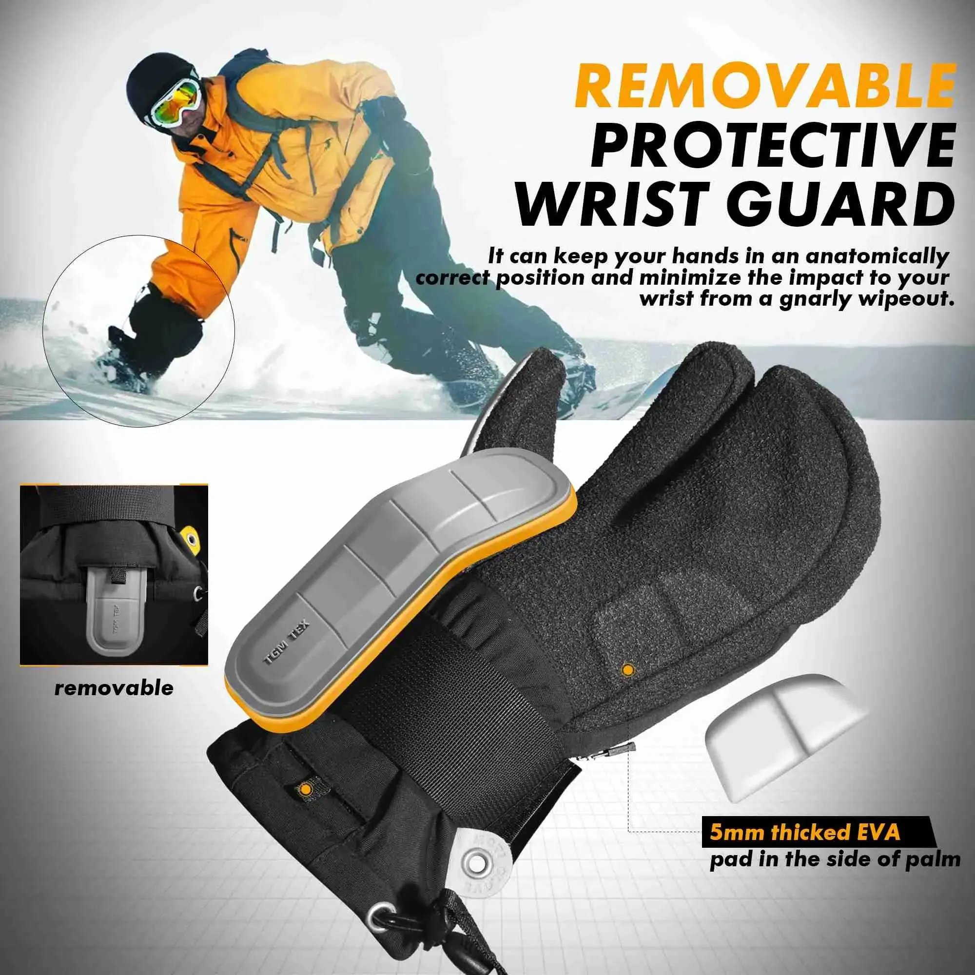 MCTi Snowboard Gloves with Wrist Guard 3-Finger Abrasion Resistant Gloves Waterproof for Winter Snow Skiing