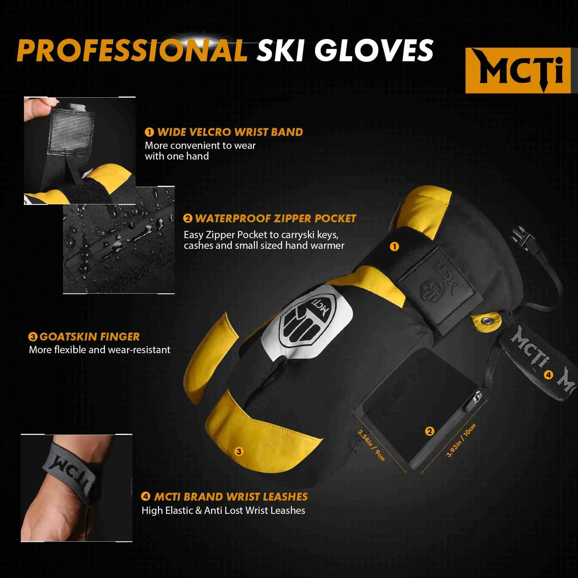 MCTi Snowboard Gloves with Wrist Guard 3-Finger Abrasion Resistant Gloves Waterproof for Winter Snow Skiing