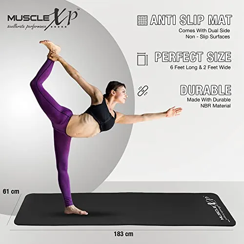 MuscleXP Yoga Mat (13 mm) Extra Thick NBR Material for Men and Women, Exercise Mats with Carrying Strap for Workout, Yoga, Fitness, Pilates (Black)