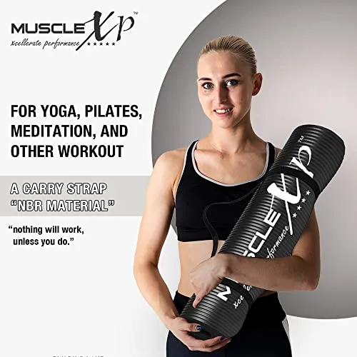 MuscleXP Yoga Mat (13 mm) Extra Thick NBR Material for Men and Women, Exercise Mats with Carrying Strap for Workout, Yoga, Fitness, Pilates (Black)