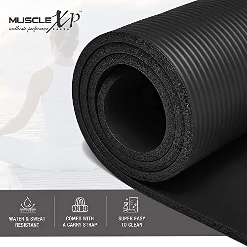 MuscleXP Yoga Mat (13 mm) Extra Thick NBR Material for Men and Women, Exercise Mats with Carrying Strap for Workout, Yoga, Fitness, Pilates (Black)