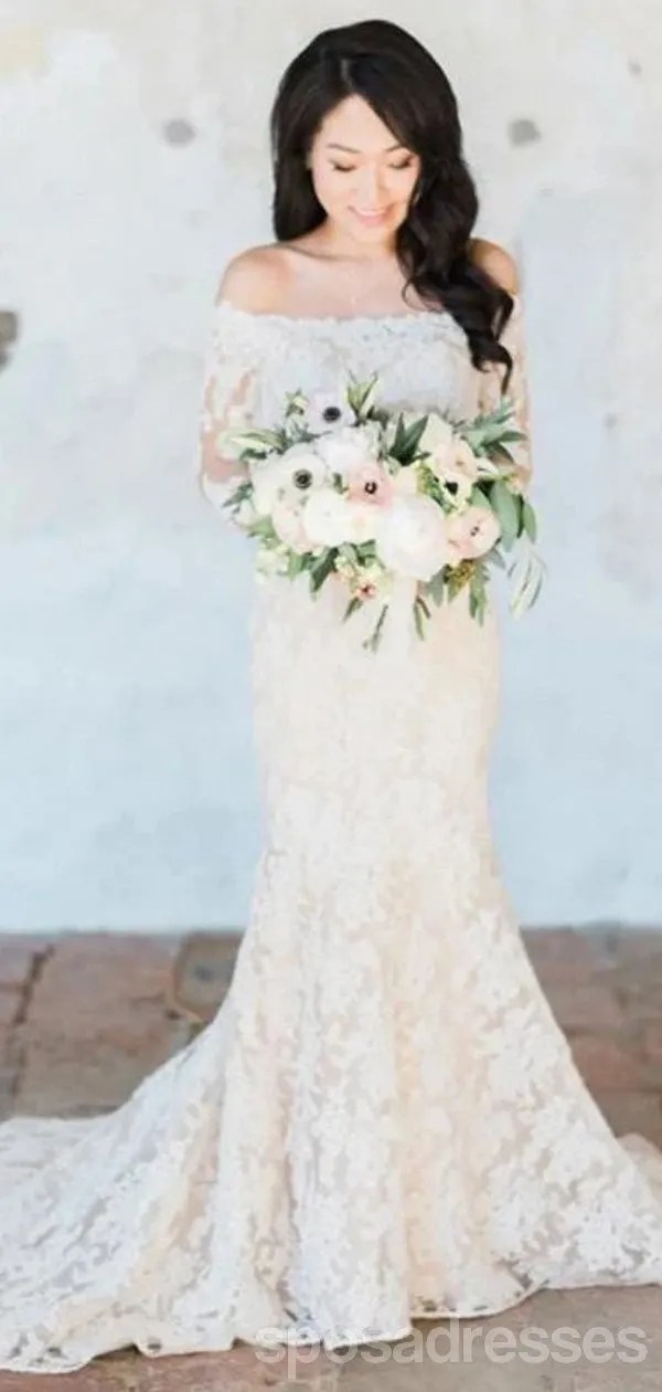 Off Shoulder Long Sleeves Mermaid Cheap Wedding Dresses Online, Cheap Bridal Dresses, WD612