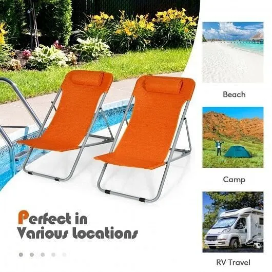 Portable Beach Chair Set of 2 with Headrest -Orange - Color: Orange