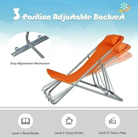 Portable Beach Chair Set of 2 with Headrest -Orange - Color: Orange