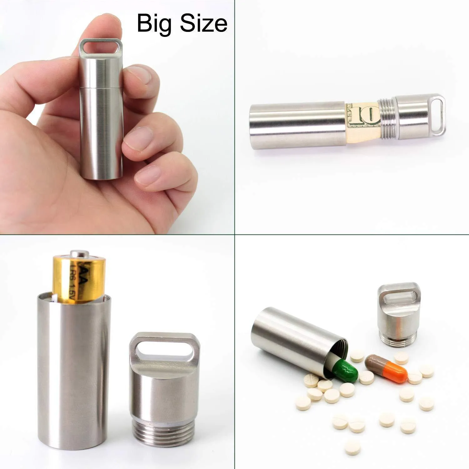 PPFISH 3 PCS Military Grade Air-Tight EDC Accessory Case, Pill Fob Capsule Keychain, Waterproof Match Case Battery Holder, Outdoor Survival Storage Metal Container Dry Box