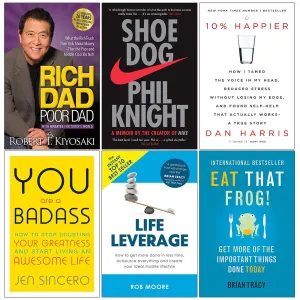 Rich Dad Poor Dad, Shoe Dog, 10% Happier, You Are a Badass, Life Leverage, Eat That Frog 6 Books Collection Set