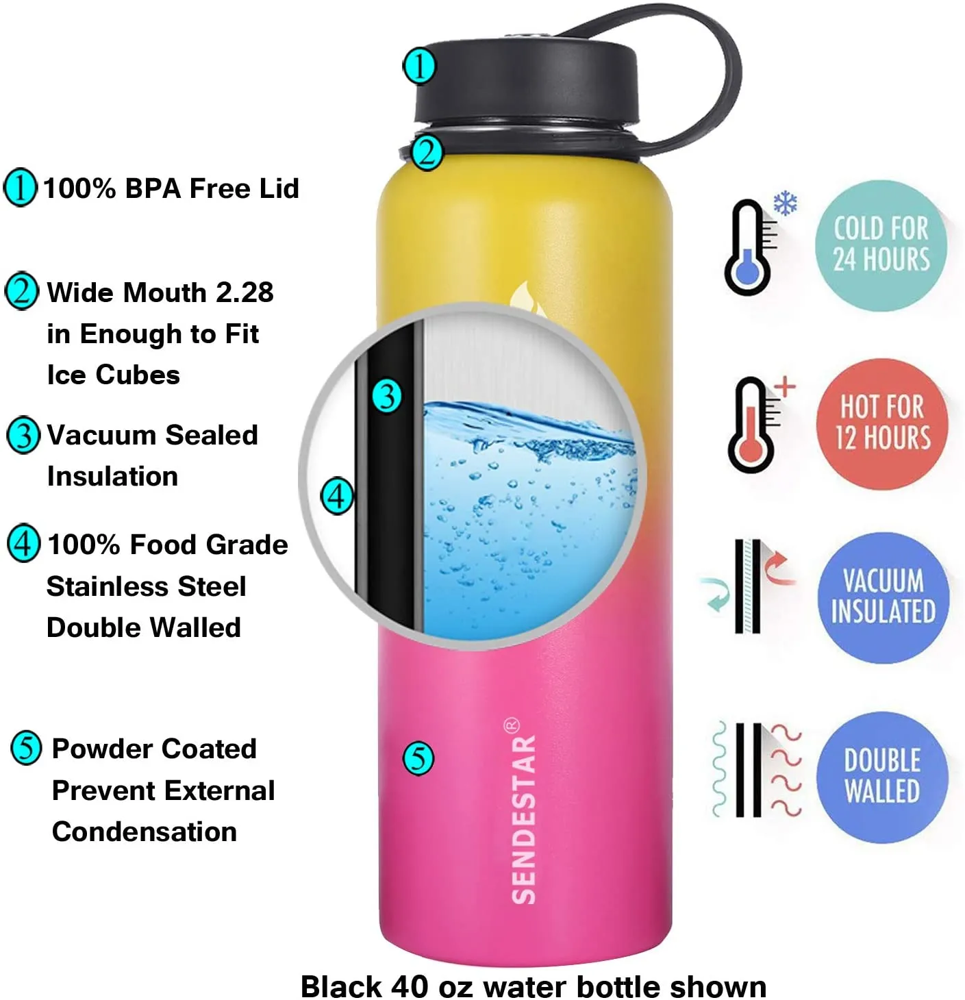 SENDESTAR Stainless Steel Water Bottle - Keeps Liquids Hot or Cold with Double Wall Vacuum Insulated Bottle with wide mouth with straw lid (40 oz-Gradient Yellow)