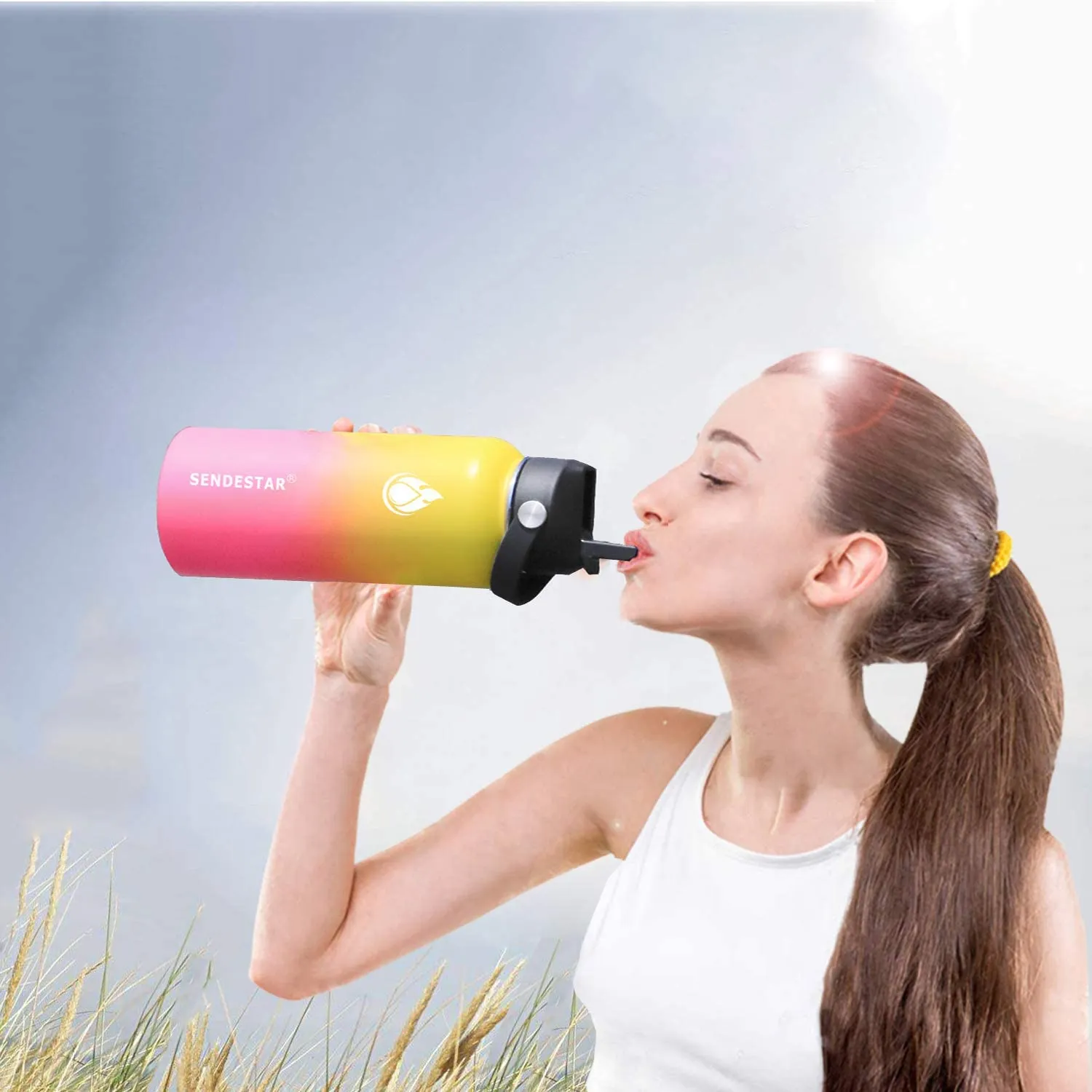 SENDESTAR Stainless Steel Water Bottle - Keeps Liquids Hot or Cold with Double Wall Vacuum Insulated Bottle with wide mouth with straw lid (40 oz-Gradient Yellow)