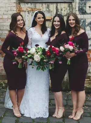 Sheath Off Shoulder Knee Length Burgundy Spandex Bridesmaid Dress (BMA2024)