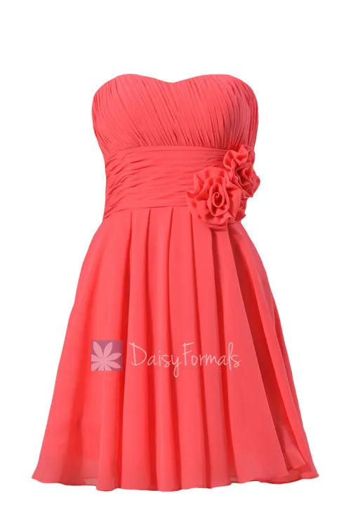 Short Cherry Chiffon Dress for Beach Wedding Red Strapless Bridesmaid Dress (BM2424)
