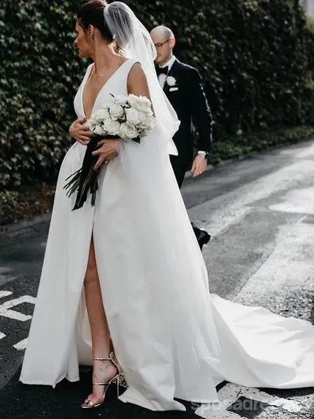 Simple V-Neck A-line Side Slit Cheap Wedding Dresses Online, Cheap Unique Bridal Dresses, WD605