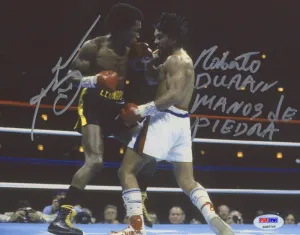 Sugar Ray Leonard & Roberto Duran Signed 8x10 Photo Inscribed "Manos De Piedra" (PSA COA)