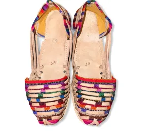 US 7.5/8 WIDE FIT- Handmade Colorful Leather Huarachas- Huarachas de Multicolores Elaboradas a mano