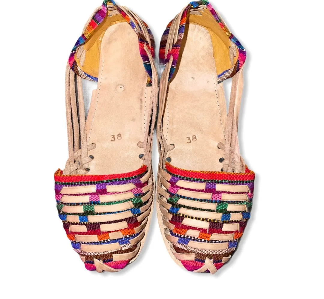US 7.5/8 WIDE FIT- Handmade Colorful Leather Huarachas- Huarachas de Multicolores Elaboradas a mano