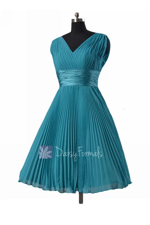 Vintage Short Chiffon Wedding Party Dress V-Neck Teal Formal Dress(BM3171)