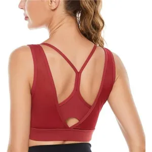 𝅺WOMENS Strappy Sports Bra Mesh Open Back Sports Bra for Workout Yoga Gym Red-1