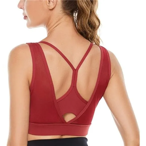 𝅺WOMENS Strappy Sports Bra Mesh Open Back Sports Bra for Workout Yoga Gym Red-1