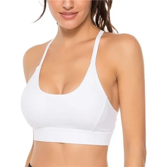 WOMENS Strappy Sports Bra Mesh Open Back Sports Bra for Workout Yoga Gym White