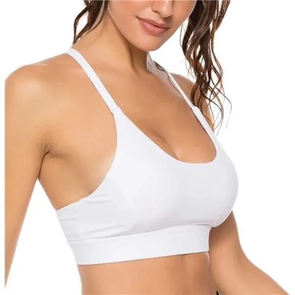 WOMENS Strappy Sports Bra Mesh Open Back Sports Bra for Workout Yoga Gym White